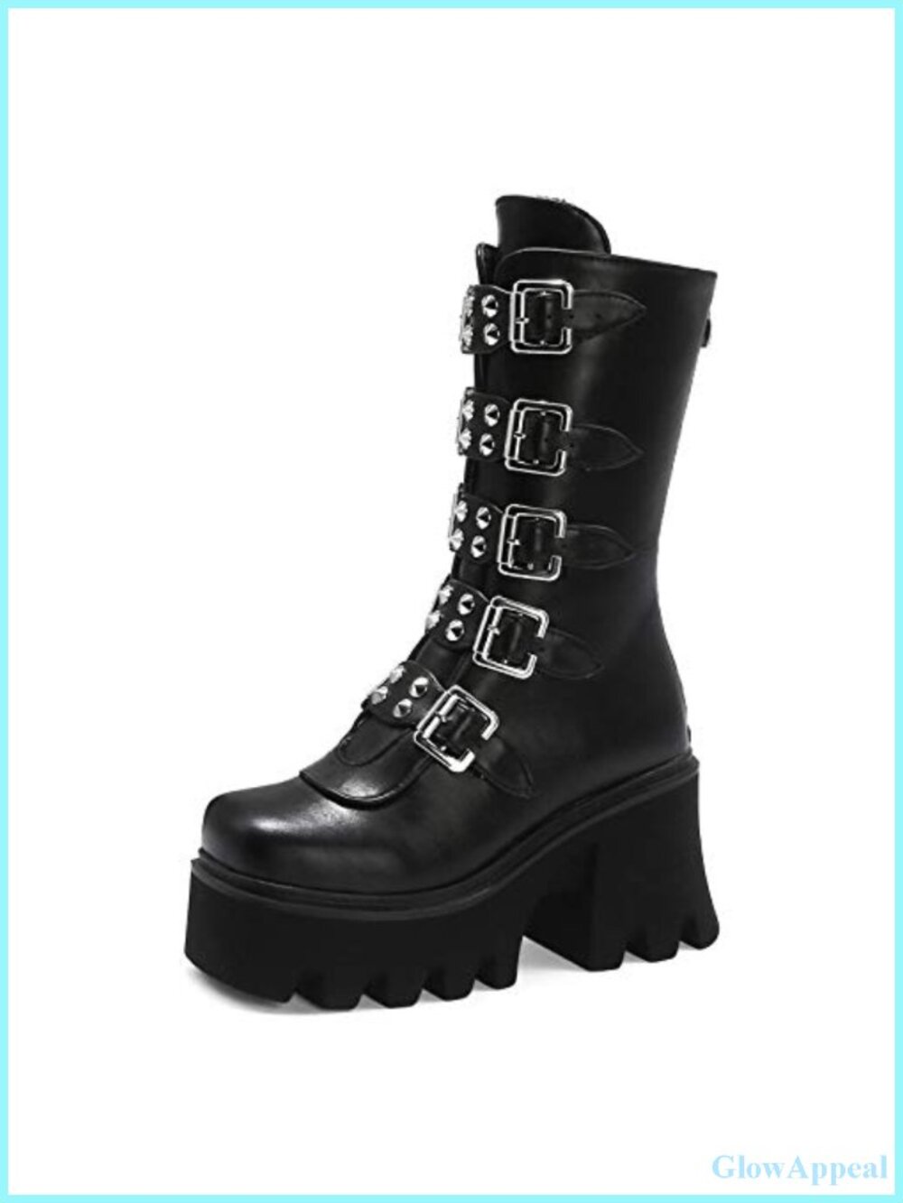 Women's Mid Calf Platform Combat Goth Boots with Studded Buckles and Chunky Heel